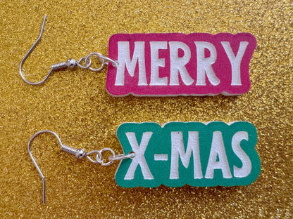 Merry X-mas Earrings: Laser Cut Acrylic Christmas Text Earrings, Xmas, Winter Holidays, Santa Claus, Presents, Best Gifts for Her/Him/Them