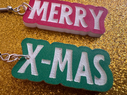 Merry X-mas Earrings: Laser Cut Acrylic Christmas Text Earrings, Xmas, Winter Holidays, Santa Claus, Presents, Best Gifts for Her/Him/Them