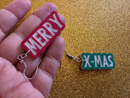 Merry X-mas Earrings: Laser Cut Acrylic Christmas Text Earrings, Xmas, Winter Holidays, Santa Claus, Presents, Best Gifts for Her/Him/Them