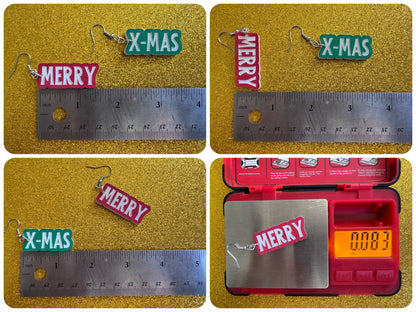 Merry X-mas Earrings: Laser Cut Acrylic Christmas Text Earrings, Xmas, Winter Holidays, Santa Claus, Presents, Best Gifts for Her/Him/Them