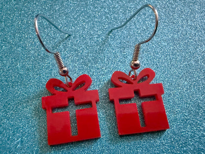 Mini Christmas Present Earrings: Laser Cut Acrylic Presents, Xmas, X-mas, Box with Bow, Giving, Love, Birthday, Best Gifts for Her/Him/Them