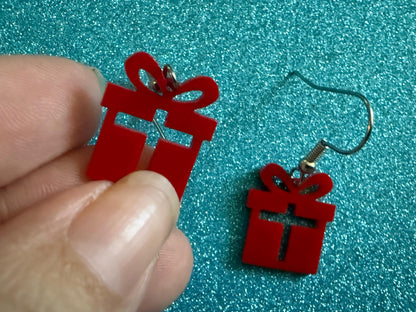 Mini Christmas Present Earrings: Laser Cut Acrylic Presents, Xmas, X-mas, Box with Bow, Giving, Love, Birthday, Best Gifts for Her/Him/Them