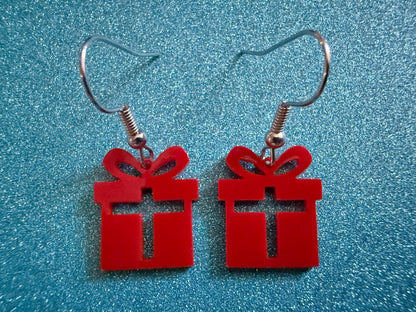 Mini Christmas Present Earrings: Laser Cut Acrylic Presents, Xmas, X-mas, Box with Bow, Giving, Love, Birthday, Best Gifts for Her/Him/Them