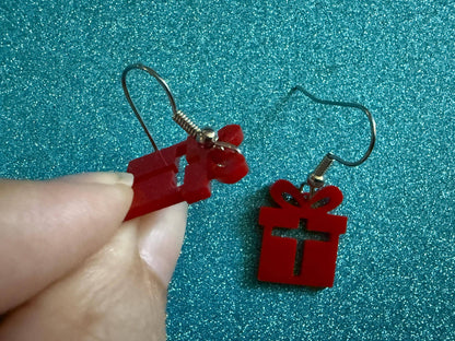Mini Christmas Present Earrings: Laser Cut Acrylic Presents, Xmas, X-mas, Box with Bow, Giving, Love, Birthday, Best Gifts for Her/Him/Them