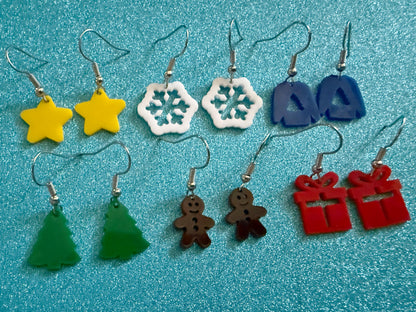 Mini Christmas Tree Earrings: Laser Cut Acrylic Snowflakes, Ugly Sweater, Gingerbead Man, Star, Present, Xmas Trees, Gifts for Her/Him/Them