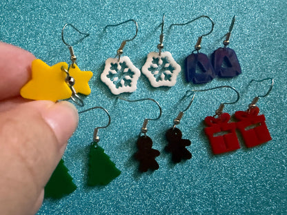 Mini Christmas Tree Earrings: Laser Cut Acrylic Snowflakes, Ugly Sweater, Gingerbead Man, Star, Present, Xmas Trees, Gifts for Her/Him/Them