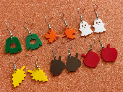 Mini Fall Earring Set: Laser Cut Acrylic Maple Leaf, Ghost, Fall Foliage, Ugly Sweater, Acorn, Apple, Halloween, Best Gifts for Her/Him/Them