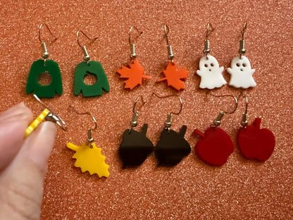Mini Fall Earring Set: Laser Cut Acrylic Maple Leaf, Ghost, Fall Foliage, Ugly Sweater, Acorn, Apple, Halloween, Best Gifts for Her/Him/Them