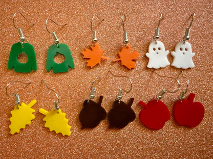 Mini Fall Earring Set: Laser Cut Acrylic Maple Leaf, Ghost, Fall Foliage, Ugly Sweater, Acorn, Apple, Halloween, Best Gifts for Her/Him/Them