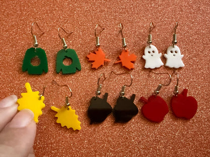 Mini Fall Earring Set: Laser Cut Acrylic Maple Leaf, Ghost, Fall Foliage, Ugly Sweater, Acorn, Apple, Halloween, Best Gifts for Her/Him/Them