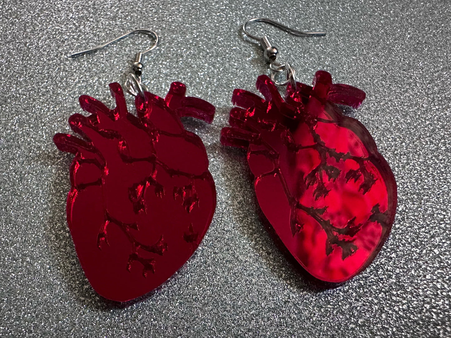 Mirror Heart Earrings: Laser Cut Acrylic Hearts, Love, Valentines, Realistic Heart Earrings, Halloween, Doctor, Best Gifts for Her/Him/Them