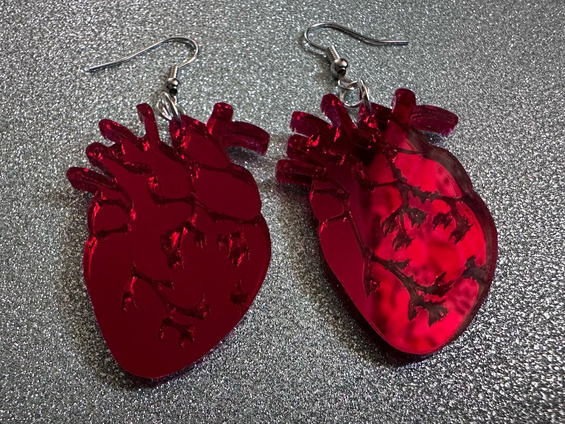 Mirror Heart Earrings: Laser Cut Acrylic Hearts, Love, Valentines, Realistic Heart Earrings, Halloween, Doctor, Best Gifts for Her/Him/Them