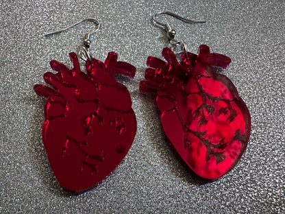 Mirror Heart Earrings: Laser Cut Acrylic Hearts, Love, Valentines, Realistic Heart Earrings, Halloween, Doctor, Best Gifts for Her/Him/Them