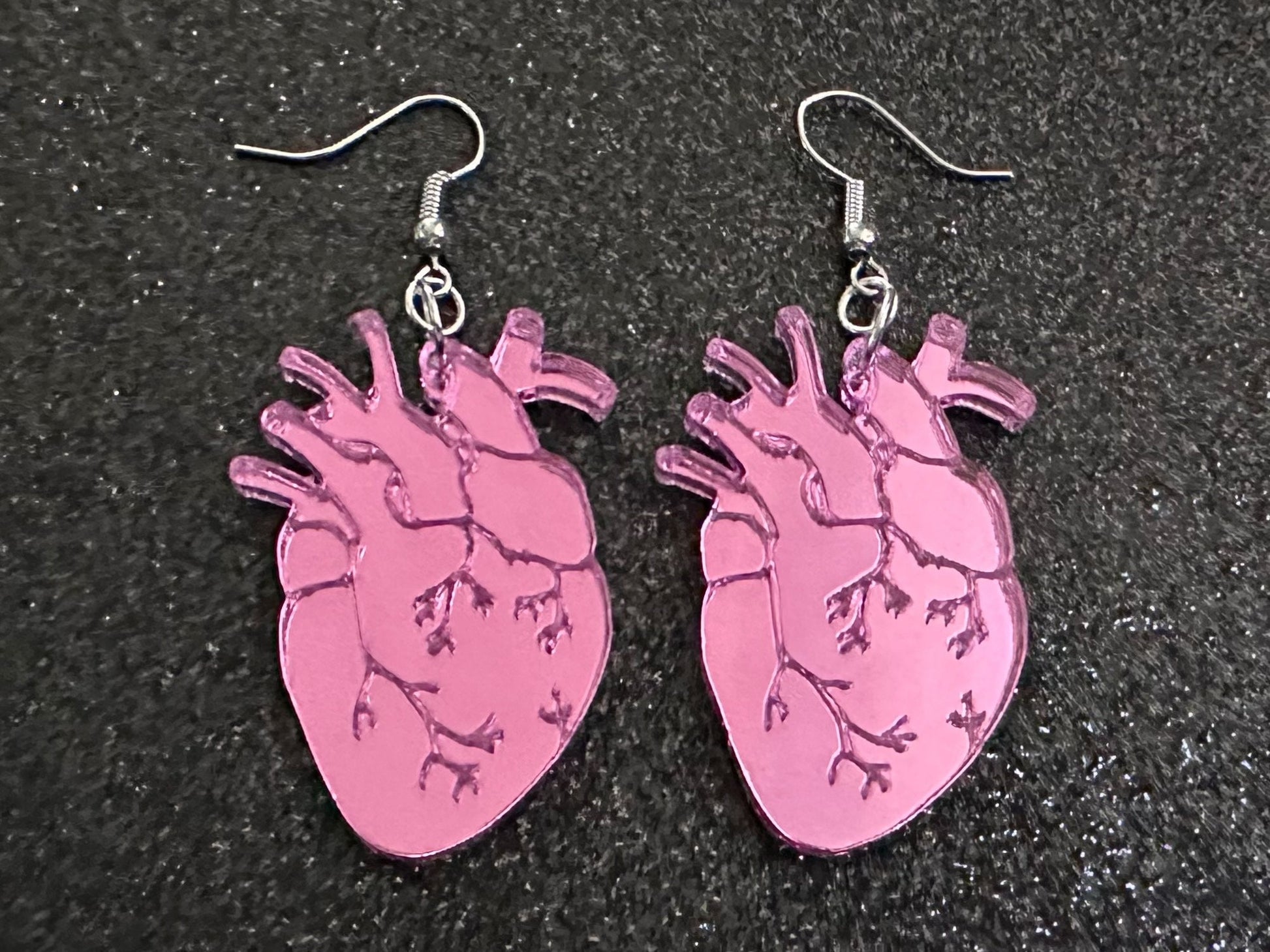 Mirror Heart Earrings: Laser Cut Acrylic Hearts, Love, Valentines, Realistic Heart Earrings, Halloween, Doctor, Best Gifts for Her/Him/Them