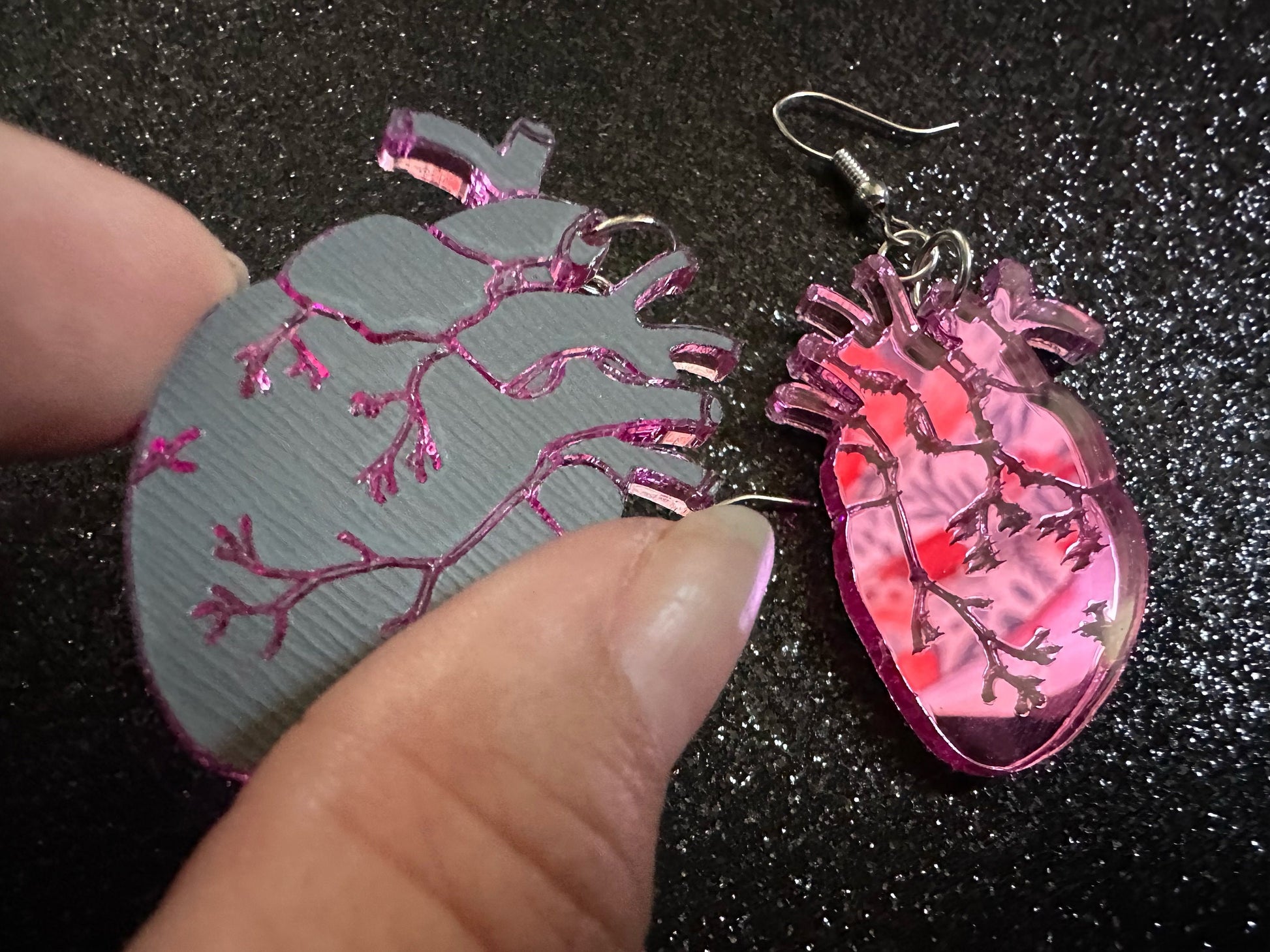 Mirror Heart Earrings: Laser Cut Acrylic Hearts, Love, Valentines, Realistic Heart Earrings, Halloween, Doctor, Best Gifts for Her/Him/Them