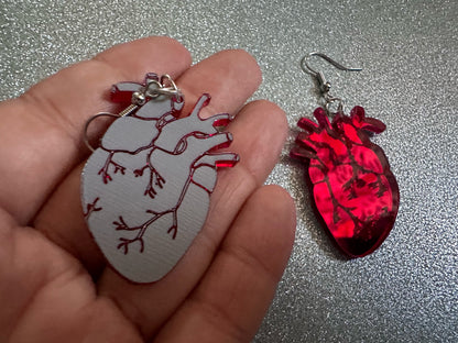 Mirror Heart Earrings: Laser Cut Acrylic Hearts, Love, Valentines, Realistic Heart Earrings, Halloween, Doctor, Best Gifts for Her/Him/Them
