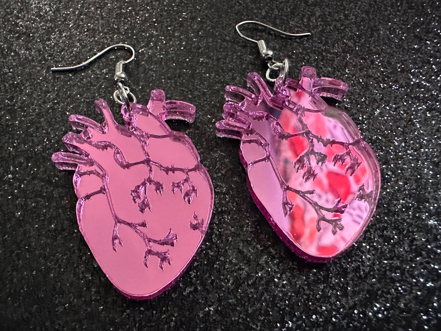 Mirror Heart Earrings: Laser Cut Acrylic Hearts, Love, Valentines, Realistic Heart Earrings, Halloween, Doctor, Best Gifts for Her/Him/Them