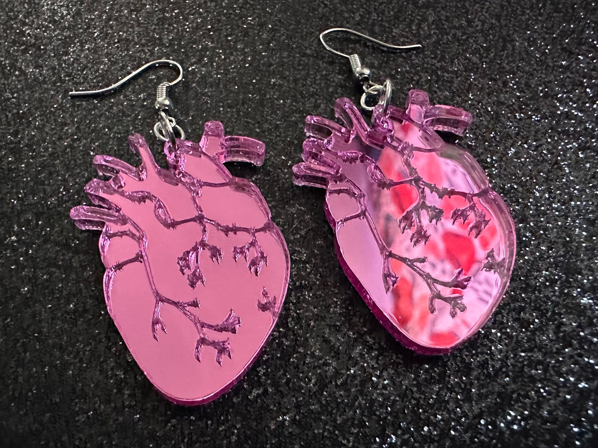 Mirror Heart Earrings: Laser Cut Acrylic Hearts, Love, Valentines, Realistic Heart Earrings, Halloween, Doctor, Best Gifts for Her/Him/Them