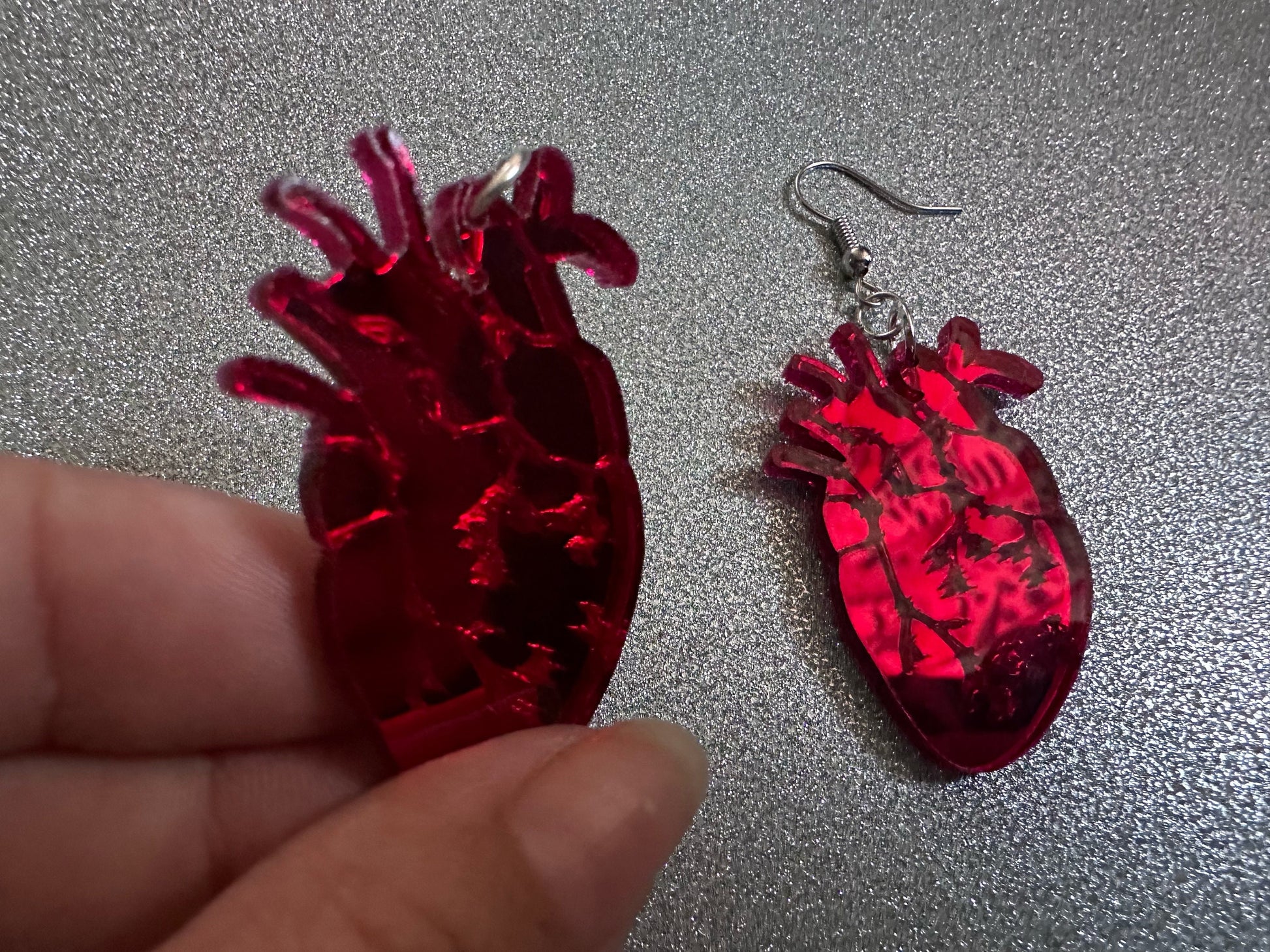 Mirror Heart Earrings: Laser Cut Acrylic Hearts, Love, Valentines, Realistic Heart Earrings, Halloween, Doctor, Best Gifts for Her/Him/Them
