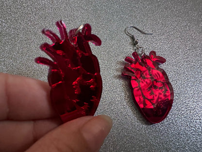 Mirror Heart Earrings: Laser Cut Acrylic Hearts, Love, Valentines, Realistic Heart Earrings, Halloween, Doctor, Best Gifts for Her/Him/Them