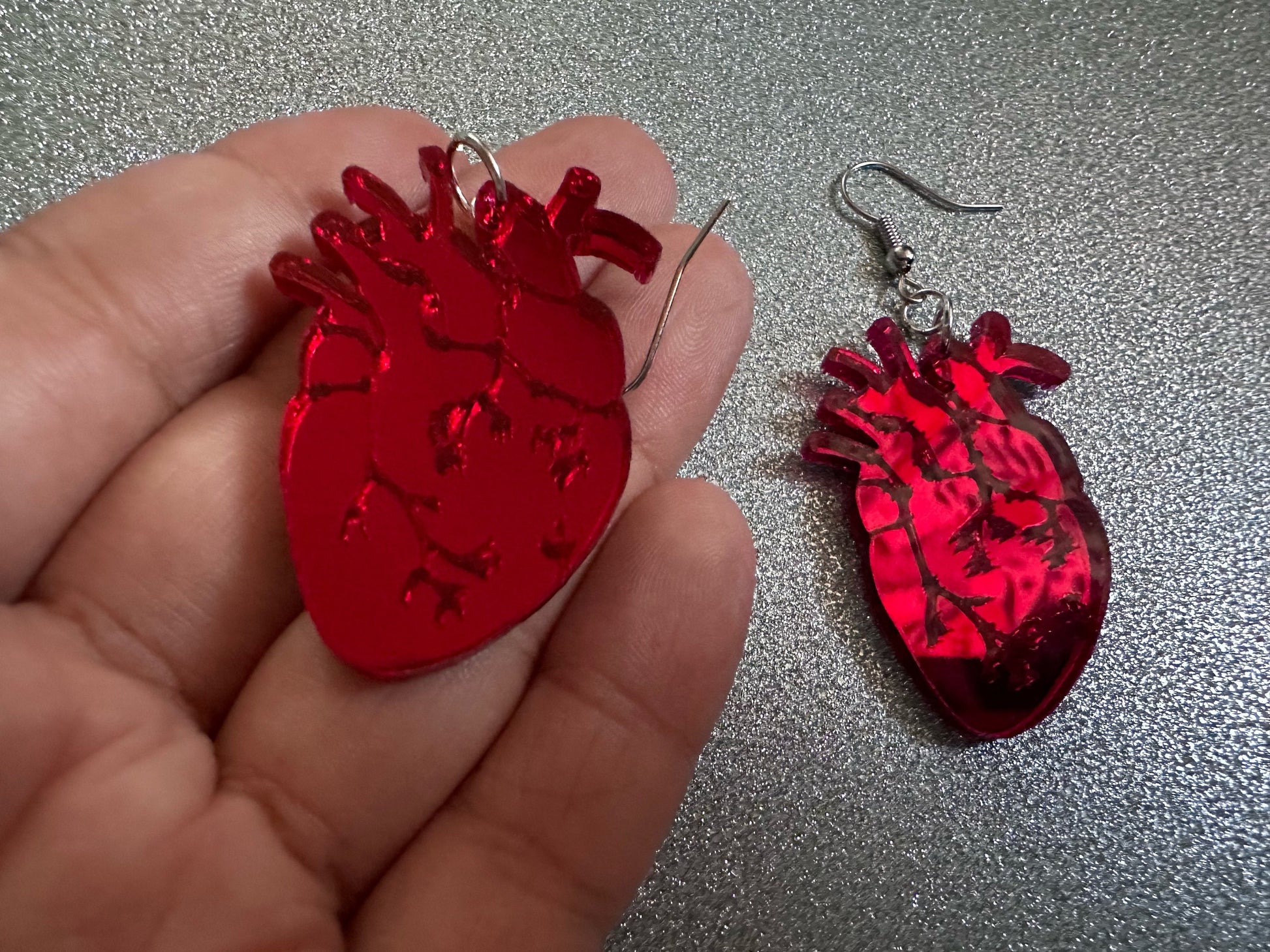 Mirror Heart Earrings: Laser Cut Acrylic Hearts, Love, Valentines, Realistic Heart Earrings, Halloween, Doctor, Best Gifts for Her/Him/Them