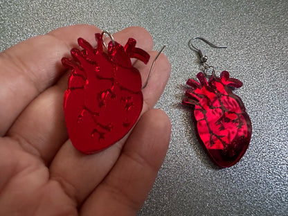 Mirror Heart Earrings: Laser Cut Acrylic Hearts, Love, Valentines, Realistic Heart Earrings, Halloween, Doctor, Best Gifts for Her/Him/Them