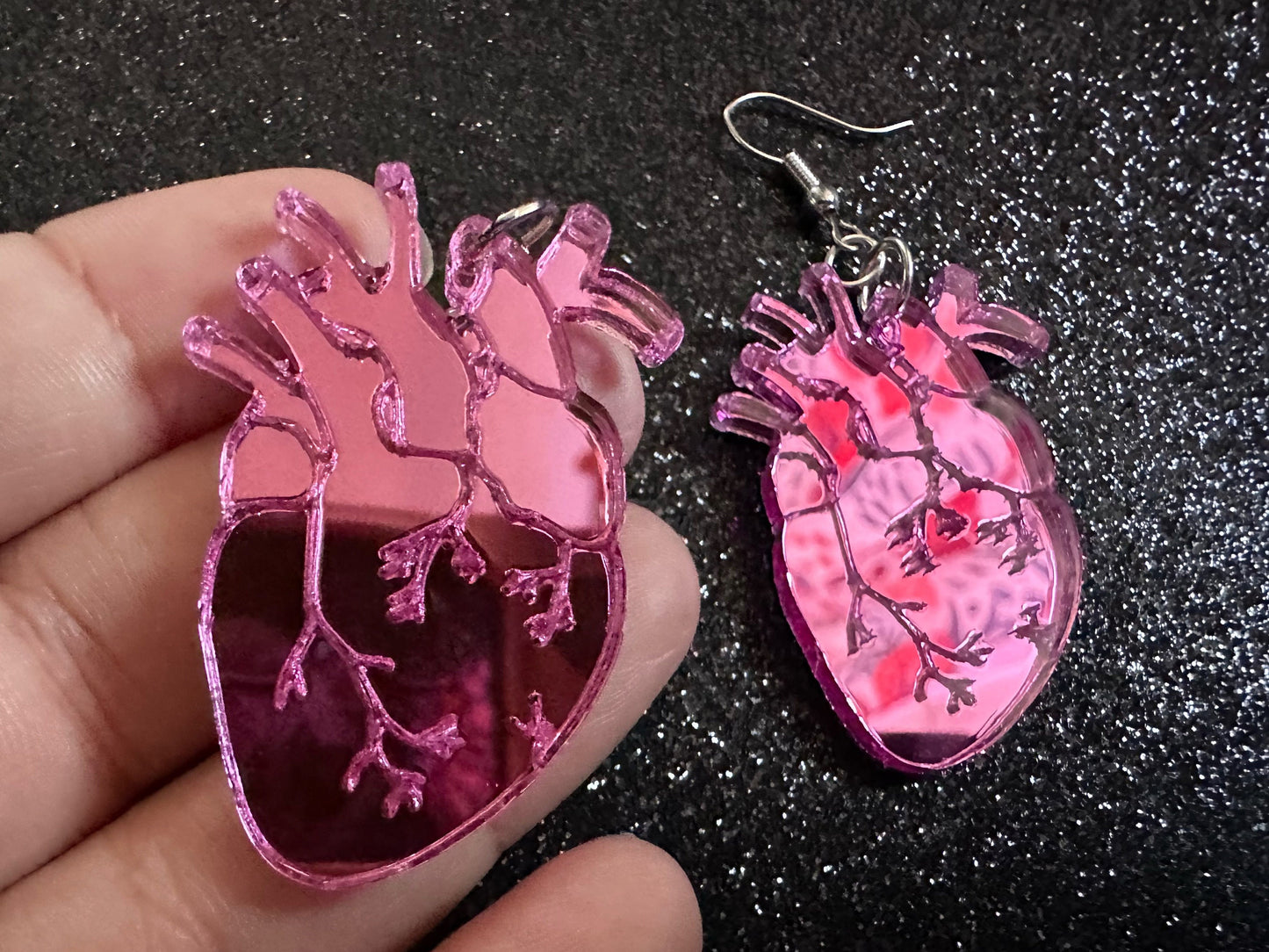 Mirror Heart Earrings: Laser Cut Acrylic Hearts, Love, Valentines, Realistic Heart Earrings, Halloween, Doctor, Best Gifts for Her/Him/Them