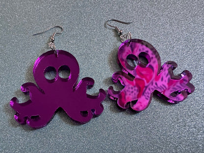 Mirror Octopus Earrings: Laser Cut Acrylic Octopuses, Cephalopods, Ocean Animals, Fish, Sea Creatures, Aquatic, Best Gifts for Her/Him/Them