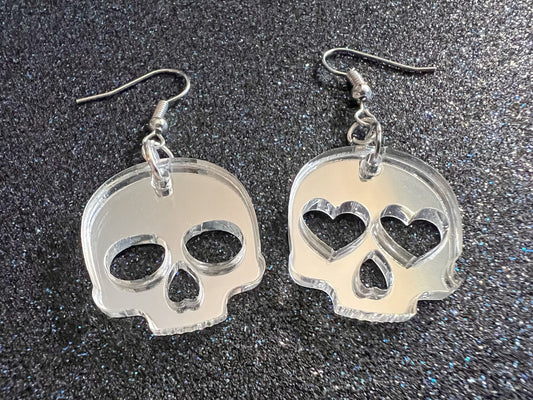 Mirror Skull Earrings with Heart: Laser Cut Acrylic Skulls, Halloween, Mirrored, Spooky, Best Gifts for Her/Him/Them