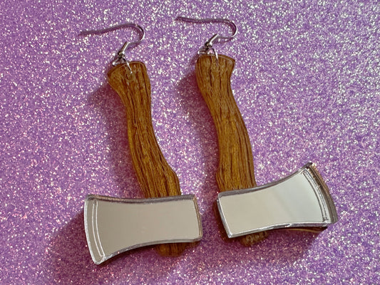 Mirrored Axe Earrings: Laser Cut Acrylic Axes, Lumberjack, Faux Wood Axes, Chop Wood, Horror Movies, Halloween, DIY, Gifts for Her/Him/Them