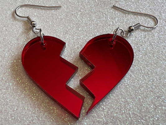 Mirrored Broken Heart Earrings: Laser Cut Acrylic Fitting Heart Halves, Love, Heartbreak, Best Friends, Valentines Gifts for Her/Him/Them
