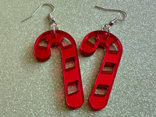 Mirrored Candy Cane Earrings: Laser Cut Acrylic Christmas Earrings, Holidays, Dessert, Holidays, Sweet Tooth, Gifts for Her/Him/Them