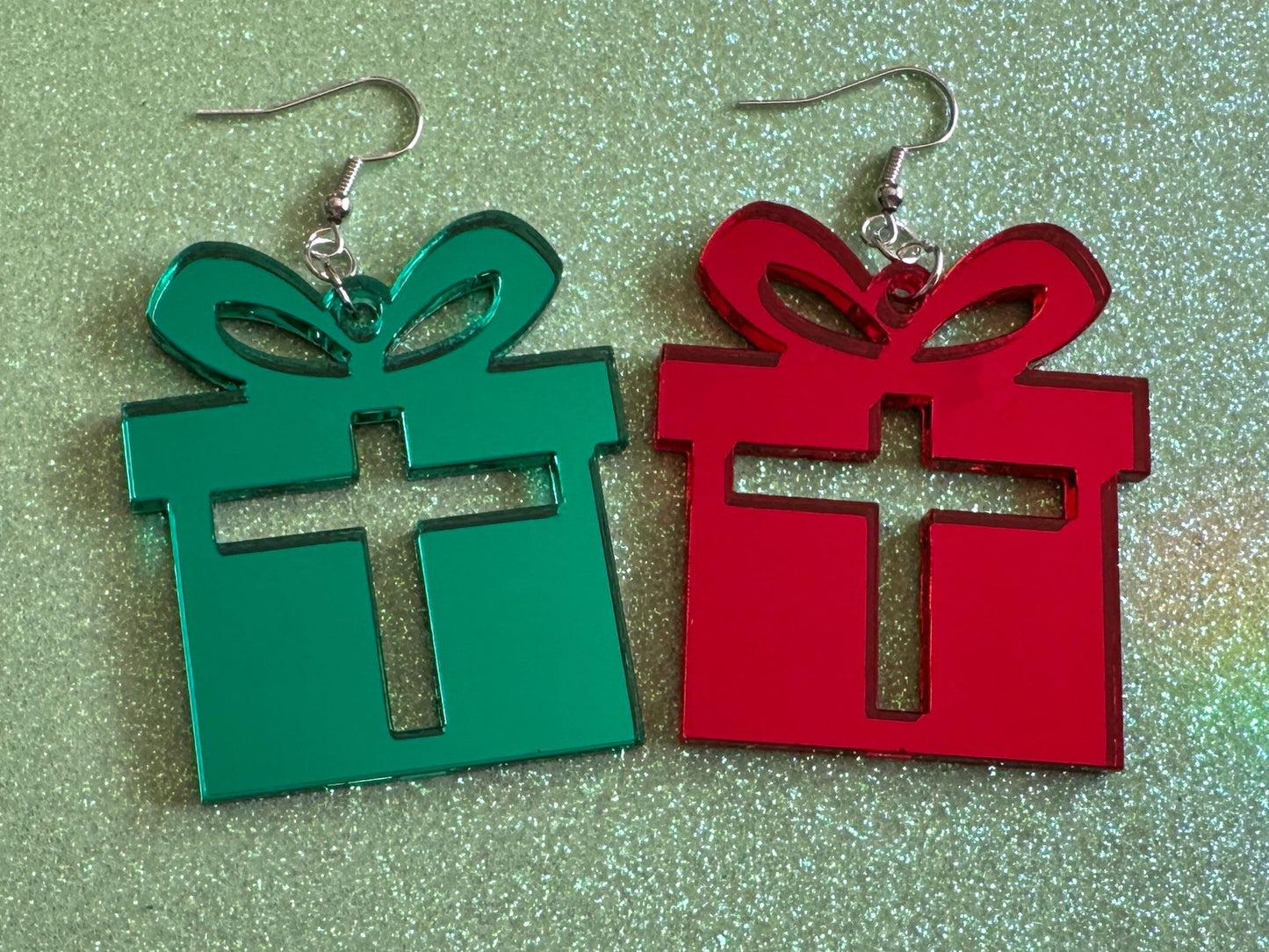 Mirrored Christmas Present Earrings: Laser Cut Acrylic Presents, Xmas, X-mas, Gift, Present with Bow, Birthday, Best Gifts for Her/Him/Them