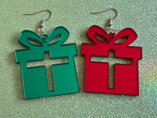 Mirrored Christmas Present Earrings: Laser Cut Acrylic Presents, Xmas, X-mas, Gift, Present with Bow, Birthday, Best Gifts for Her/Him/Them