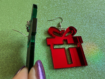 Mirrored Christmas Present Earrings: Laser Cut Acrylic Presents, Xmas, X-mas, Gift, Present with Bow, Birthday, Best Gifts for Her/Him/Them