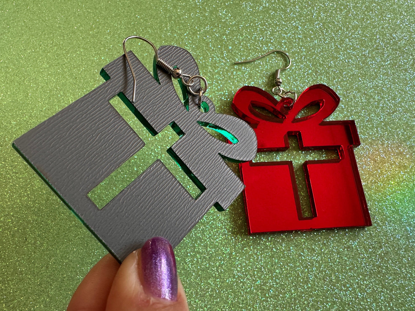 Mirrored Christmas Present Earrings: Laser Cut Acrylic Presents, Xmas, X-mas, Gift, Present with Bow, Birthday, Best Gifts for Her/Him/Them