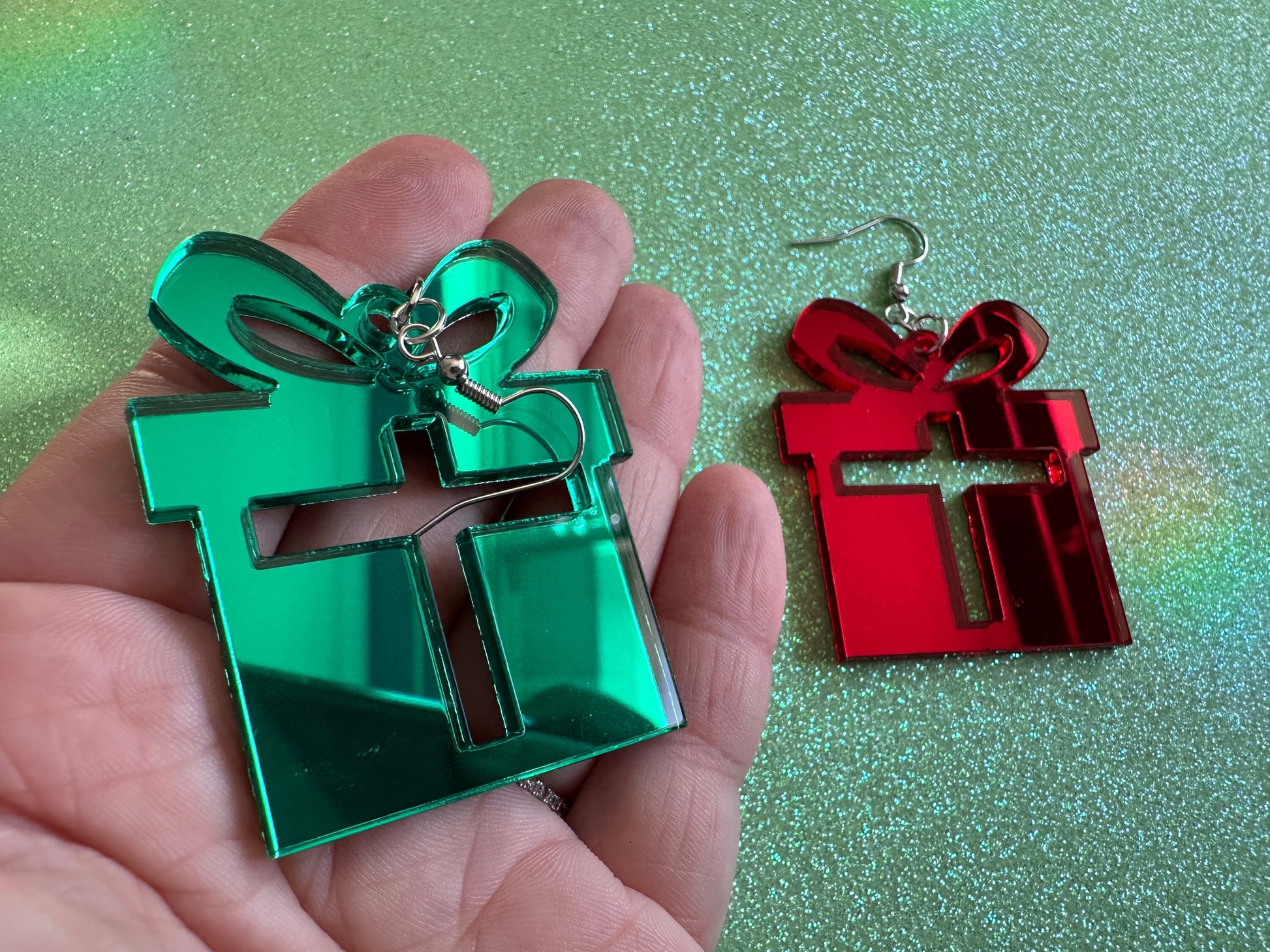 Mirrored Christmas Present Earrings: Laser Cut Acrylic Presents, Xmas, X-mas, Gift, Present with Bow, Birthday, Best Gifts for Her/Him/Them