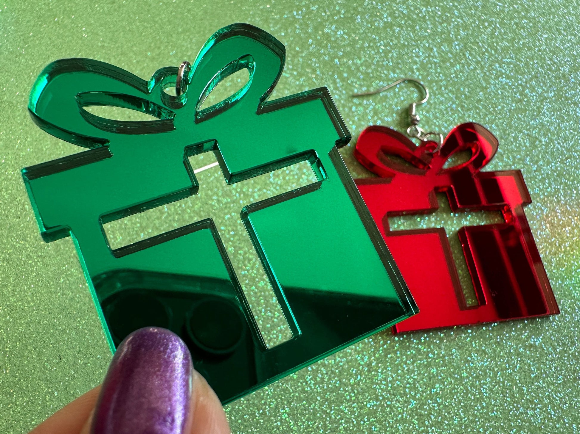 Mirrored Christmas Present Earrings: Laser Cut Acrylic Presents, Xmas, X-mas, Gift, Present with Bow, Birthday, Best Gifts for Her/Him/Them