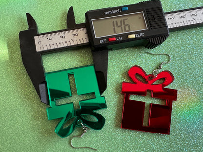 Mirrored Christmas Present Earrings: Laser Cut Acrylic Presents, Xmas, X-mas, Gift, Present with Bow, Birthday, Best Gifts for Her/Him/Them