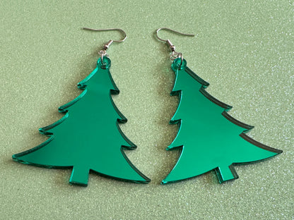 Mirrored Christmas Tree Earrings: Laser Cut Acrylic Xmas Trees, Mirror, Green Earrings, Winter, Best Gifts for Her/Him/Them