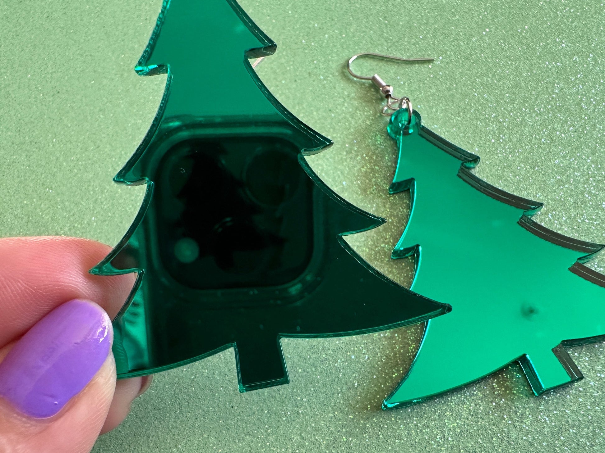 Mirrored Christmas Tree Earrings: Laser Cut Acrylic Xmas Trees, Mirror, Green Earrings, Winter, Best Gifts for Her/Him/Them