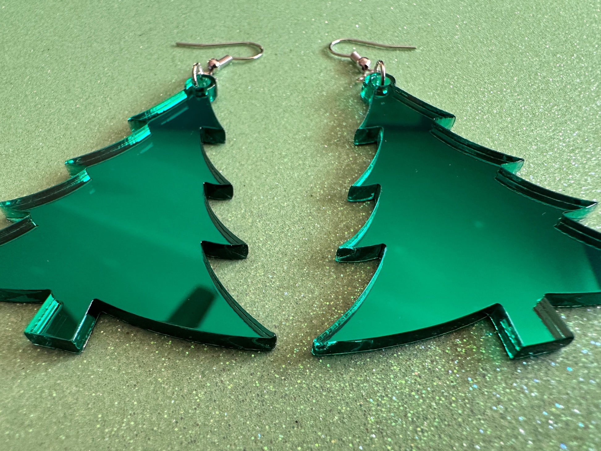 Mirrored Christmas Tree Earrings: Laser Cut Acrylic Xmas Trees, Mirror, Green Earrings, Winter, Best Gifts for Her/Him/Them