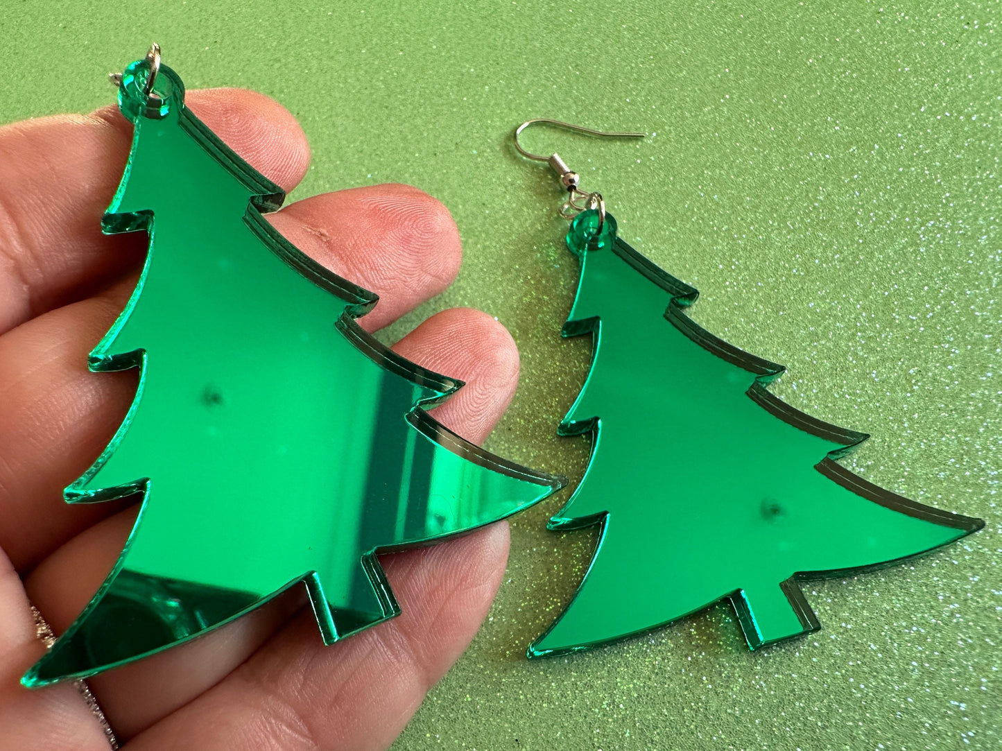 Mirrored Christmas Tree Earrings: Laser Cut Acrylic Xmas Trees, Mirror, Green Earrings, Winter, Best Gifts for Her/Him/Them