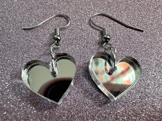 Mirrored Heart Earrings: Laser Cut Acrylic Hearts, Love, Valentines Day, Anniversary, Best Gifts for Her/Him/Them