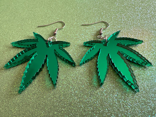 Mirrored Marijuana Leaf Earrings: Laser Cut Acrylic Weed Leaves, Bud, Sparkly Green Earrings, Plants, 420, Pot, Best Gifts for Her/Him/Them