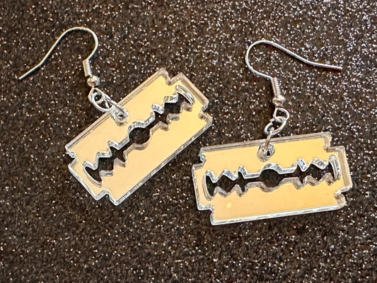 Mirrored Razor Blade Earrings: Laser Cut Acrylic Halloween Accessories, Scary, Horror, Murder, Shaving, Knife, Best Gifts for Her/Him/Them