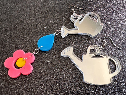 Mirrored Watering Can Earrings: Laser Cut Acrylic Flowers, Rain Drop, Garden, Floral, Plants, Best Gifts for Her/Him/Them