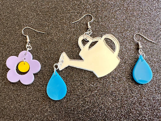 Mirrored Watering Can Earrings: Laser Cut Acrylic Flowers, Rain Drop, Garden, Floral, Plants, Best Gifts for Her/Him/Them