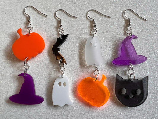 Mix & Match Halloween Earrings: Laser Cut Acrylic Pumpkins, Ghosts, Witch Hats, Bats, Black Cats, Spooky, Best Gift for Her/Him/Them