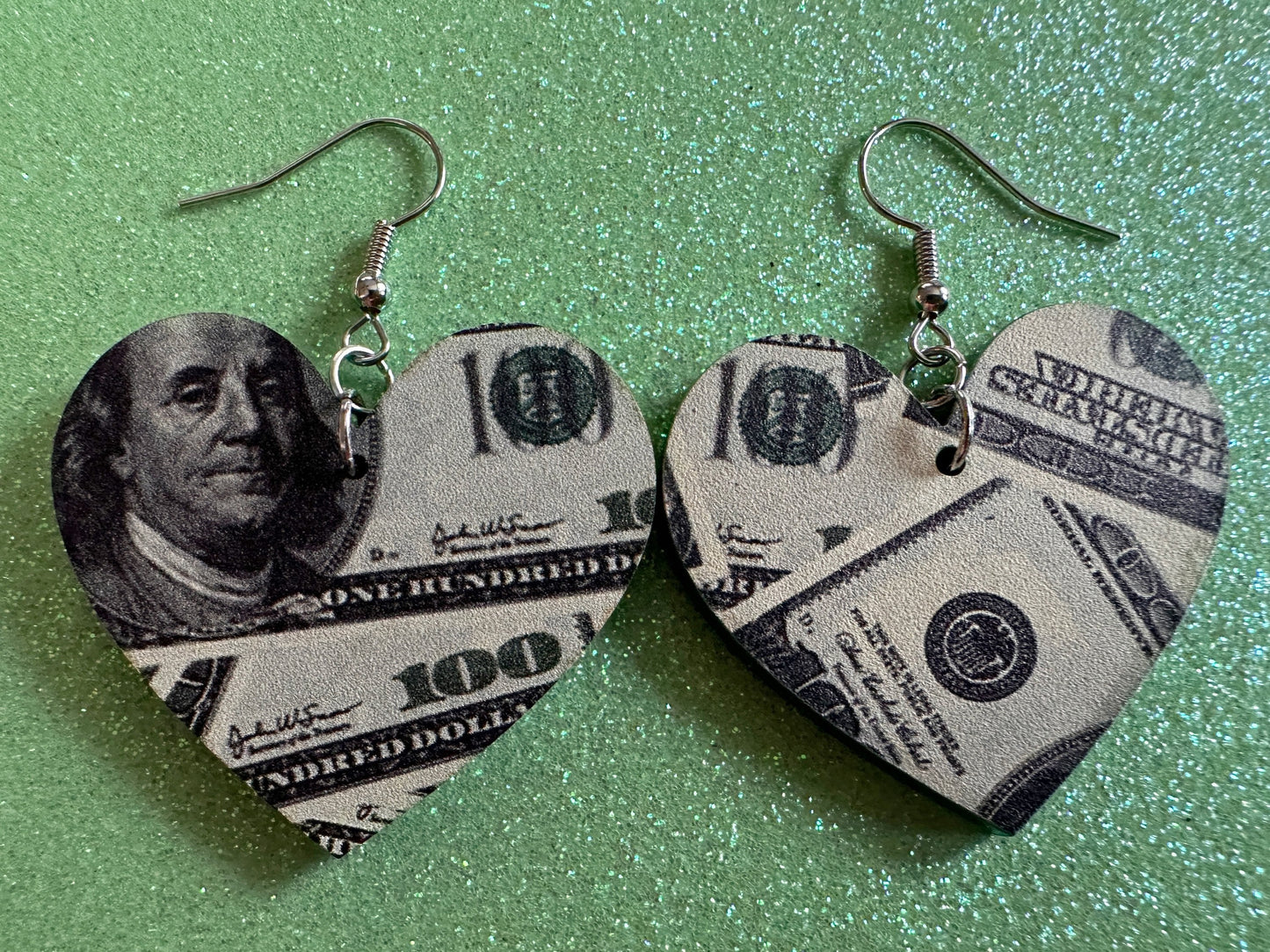 Money Earrings: Laser Cut Acrylic Money Hearts, Cash, Money Bags, US, 100 Dollar Bills, Dollars, Hustle, Rich, Best Gifts for Her/Him/Them